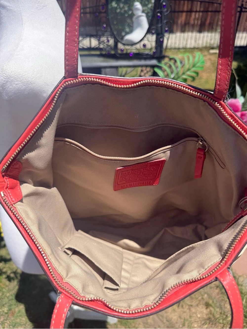 Coach Beige Signature Canvas Tote with Red Trim and Handles - Picture 4 of 8